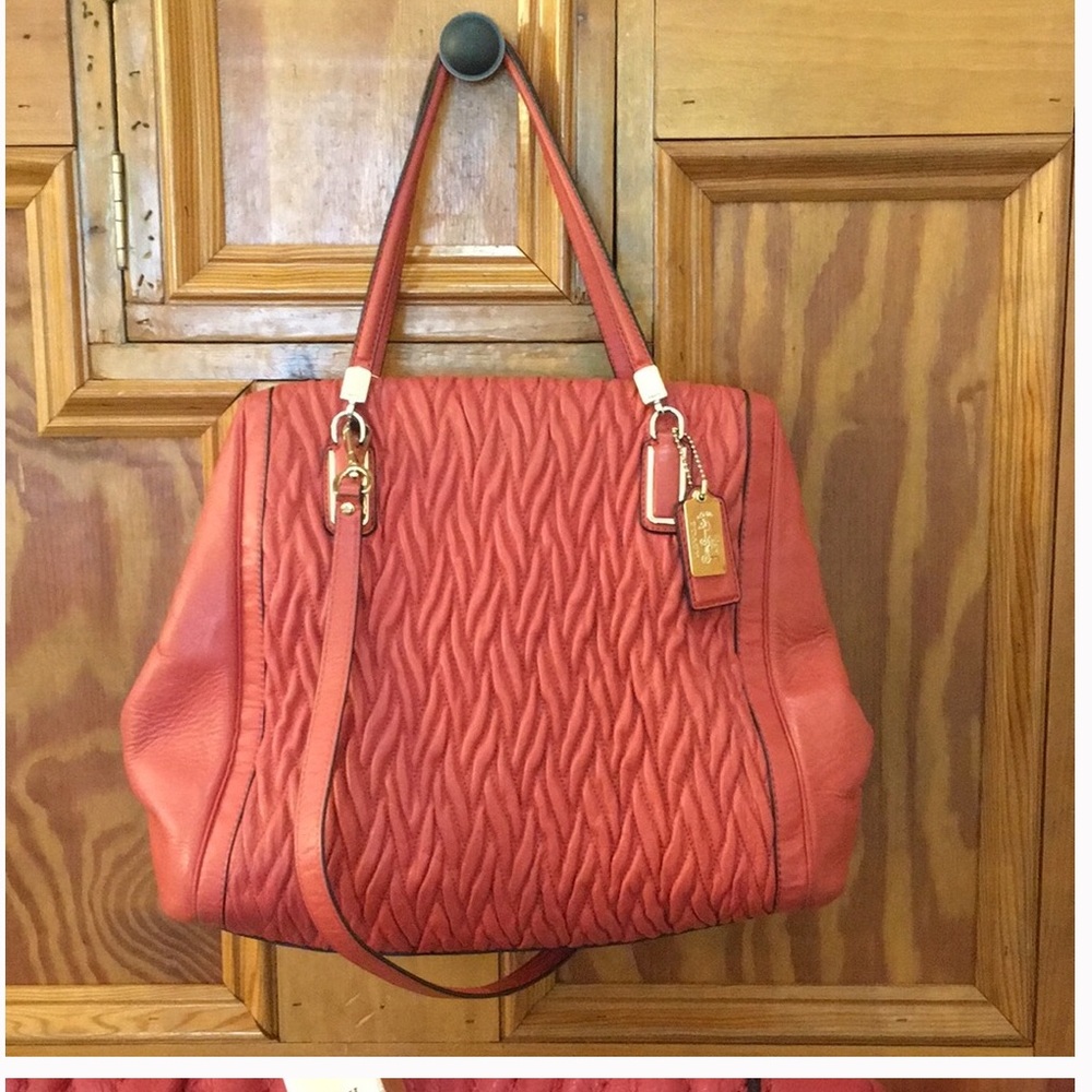 Coach rouched leather shoulder bag in coral